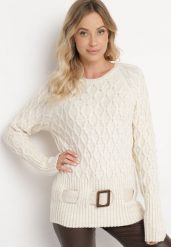 Beżowy Sweter z Ozdobnym Splotem z Paskiem i Klamrą Riean. Brązowe swetry nierozpinane damskie Born2be, m, bez wzorów, z jeansu, klasyczne, bez kołnierzyka, bez ramiączek. Za 99.99 zł.