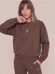 Bluza crewneck z motywem misia - brązowy. Brązowe bluzy damskie Sinsay, l, bez wzorów, bez ramiączek, bez kaptura. Za 39.99 zł.