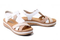 RIEKER V0919-80 white combination, sandały damskie. Białe sandały damskie Rieker, bez wzorów, bez obcasa, bez zapięcia. Za 339.90 zł.