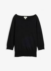 Sweter z domieszką jedwabiu. Niebieskie swetry nierozpinane damskie bonprix, bez wzorów, z bawełny, bez kołnierzyka, bez ramiączek. Za 144.99 zł.