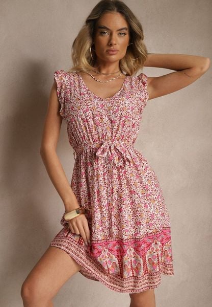 Różowa Rozkloszowana Sukienka z Wiskozy z Wiązanym Paskiem Sepelise. Czerwone sukienki damskie Renee, na spacer, m, bez wzorów, z wiskozy, eleganckie, bez kołnierzyka, bez ramiączek, mini, rozkloszowane. Za 49.99 zł.