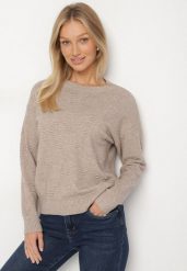 Beżowy Sweter Ozdobiony Motywem Serc Unisae. Brązowe swetry nierozpinane damskie Born2be, l, bez wzorów, z jeansu, bez kołnierzyka, bez ramiączek. Za 79.99 zł.