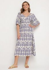 Niebiesko-Kremowa Sukienka Wiskozowa Rozkloszowana z Odkrytymi Plecami w Print Boho Turaisa. Niebieskie sukienki damskie Born2be, na co dzień, l, bez wzorów, z wiskozy, boho, bez kołnierzyka, bez ramiączek, midi, proste. Za 69.99 zł.