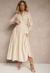 Beżowa Rozkloszowana Sukienka z Wiskozy z Guzikami i Paskiem Ronesa. Brązowe sukienki damskie Renee, na co dzień, l, bez wzorów, z wiskozy, eleganckie, bez kołnierzyka, bez ramiączek, maxi, proste. Za 129.99 zł.