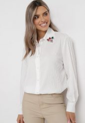 Biała Koszula z Trójkątnym Kołnierzykiem Ozdobionym Kryształkami Narella. Białe koszule damskie Born2be, l, bez wzorów, eleganckie, bez kołnierzyka, bez ramiączek. Za 149.99 zł.