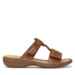 Klapki Rieker. Brązowe klapki damskie Rieker, bez wzorów, bez obcasa, bez zapięcia. Za 289.99 zł.