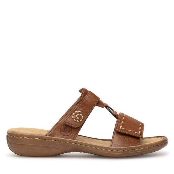 Klapki Rieker. Brązowe klapki damskie Rieker, bez wzorów, bez obcasa, bez zapięcia. Za 289.99 zł.