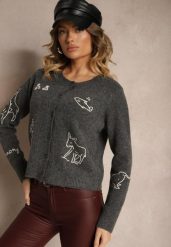 Szary Kardigan z Wełną na Guziki z Haftowanym Wzorem Nelyra. Szare kardigany damskie Renee, uniwersalny, bez wzorów, z jeansu, eleganckie, bez kołnierzyka. Za 159.99 zł.