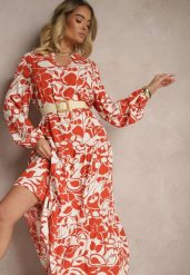 Czerwona Pudełkowa Sukienka z Wiskozy w Kwiatowy Print Ridielia. Czerwone sukienki damskie Renee, na co dzień, m, bez wzorów, z wiskozy, eleganckie, bez kołnierzyka, bez ramiączek, maxi, kopertowe. Za 69.99 zł.