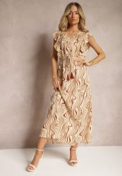 Beżowa Rozkloszowana Sukienka z Guzikami i Gumką w Talii Mottella. Brązowe sukienki damskie Renee, na co dzień, l, bez wzorów, eleganckie, bez kołnierzyka, bez ramiączek, maxi, dopasowane. Za 74.99 zł.