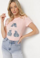 Różowy Bawełniany T-shirt Ozdobiony Napisem i Cyrkoniami Isnorea. Czerwone t-shirty damskie Born2be, m, bez wzorów, z bawełny, glamour, bez kołnierzyka, bez ramiączek. Za 34.99 zł.