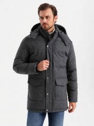 Długa ciepła kurtka męska typu parka z wełną – czarny melanż V2 OM-JALJ-0217 - XXL. Czarne kurtki męskie Ombre Clothing, l, z aplikacjami, z materiału, bez kaptura. W wyprzedaży za 199.99 zł.