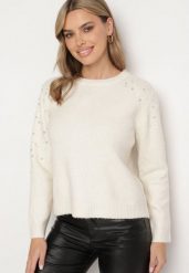 Jasnobeżowy Sweter z Bawełną Ozdobiony Cekinami Ceana. Brązowe swetry nierozpinane damskie Born2be, z aplikacjami, z bawełny, eleganckie, bez kołnierzyka, bez ramiączek. Za 109.99 zł.