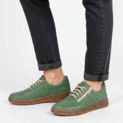 Półbuty damskie Wasak, niski fason sznurowanie boczny zamek ażurowa cholewka miękka konstrukcja elastyczna podeszwa, zielony, 0812. Zielone półbuty damskie Wasak, na lato, w ażurowe wzory, z nubiku, eleganckie, bez obcasa, bez zapięcia. Za 339.00 zł.