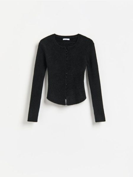 Prążkowany kardigan - czarny. Czarne kardigany damskie Reserved, l, bez wzorów, z dzianiny, bez kołnierzyka. Za 129.99 zł.