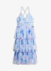 Sukienka midi z delikatnego tiulu z falbanami. Niebieskie sukienki damskie bonprix, bez wzorów, z tiulu, bez kołnierzyka, bez ramiączek, midi. Za 379.99 zł.