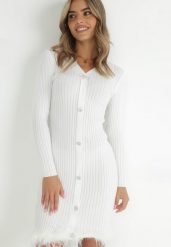 Biała Sukienka z Prążkowanej Dzianiny z Piórami Marpesia. Białe sukienki damskie Born2be, na co dzień, bez wzorów, z dzianiny, eleganckie, bez kołnierzyka, bez ramiączek, midi, ołówkowe. Za 179.99 zł.