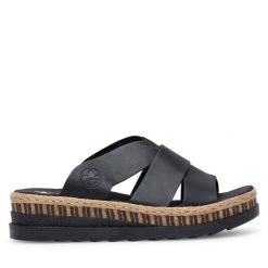 Klapki Rieker. Czarne klapki damskie Rieker, bez wzorów, bez obcasa, bez zapięcia. Za 289.99 zł.