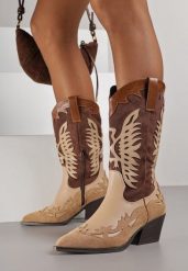 Brązowe Botki Typu Kowbojki na Stożkowym Obcasie z Tłoczonym Wzorem Badorella. Brązowe botki damskie Born2be, bez wzorów, z jeansu, klasyczne, bez obcasa, na obcasie, bez zapięcia. Za 119.99 zł.