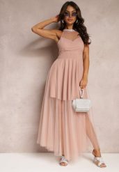 Różowa Maxi Sukienka o Rozkloszowanym Fasonie z Długim Tiulem i Ozdobnymi Cyrkoniami Amorah. Czerwone sukienki damskie Renee, na imprezę, bez wzorów, z tiulu, eleganckie, bez kołnierzyka, bez ramiączek, maxi, rozkloszowane. Za 129.99 zł.