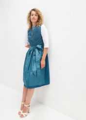 Sukienka midi w ludowym stylu w żakardowy wzór+ fartuch (kompl. 2-częściowy). Niebieskie sukienki damskie bonprix, bez wzorów, z bawełny, eleganckie, bez kołnierzyka, bez ramiączek, midi. Za 469.99 zł.