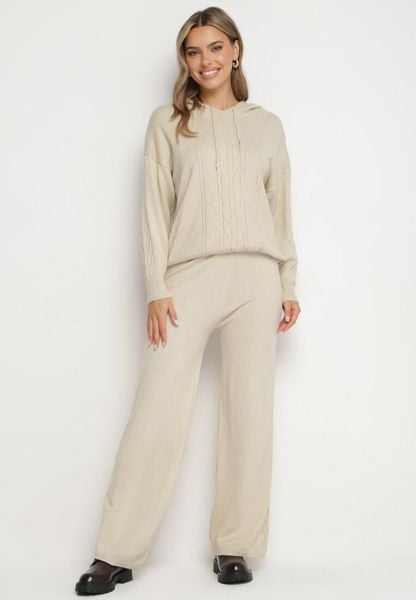 Jasnobeżowy Dzianinowy Komplet Bluza z Kapturem w Warkoczowy Splot i Spodnie z Szerokimi Nogawkami Narahai. Brązowe bluzy damskie Born2be, bez wzorów, z dzianiny, bez ramiączek, z kapturem. Za 119.99 zł.