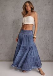 Niebieska Kaskadowa Bawełniana Spódnica High Waist Stylizowana na Denimową Ealnas. Niebieskie spódnice damskie Renee, na co dzień, m, bez wzorów, z bawełny, casualowe, z podwyższonym stanem, maxi, dopasowane. Za 99.99 zł.