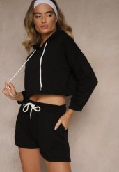 Czarny Komplet Dresowy z Bawełną Szorty i Krótka Bluza z Kapturem Ralarose. Czarne bluzy damskie Renee, na lato, m, bez wzorów, z bawełny, eleganckie, bez ramiączek, z kapturem. Za 59.99 zł.