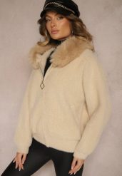 Beżowa Bluza Rozpinana z Wełną i Wiskozą Ozdobiona Futerkiem Vesalttia. Brązowe bluzy damskie Renee, na zimę, l, z aplikacjami, z jeansu, biznesowe, bez ramiączek, bez kaptura. Za 159.99 zł.
