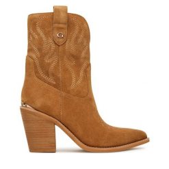 Kowbojki Guess. Brązowe botki damskie Guess, z aplikacjami, bez obcasa, na słupku, bez zapięcia. Za 959.99 zł.