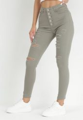 Ciemnobeżowe Jeansy Skinny na Guziki Arru. Zielone jeansy damskie Born2be, bez wzorów, z jeansu, z podwyższonym stanem. Za 69.99 zł.
