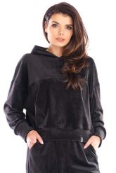 Damska Bluza Typu Kangurka z Weluru - Czarna. Czarne bluzy damskie Awama, l, bez wzorów, z elastanu, bez ramiączek, bez kaptura. Za 228.90 zł.