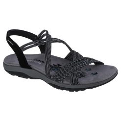 Sandały damskie, Reggae Slim - Turn It Up. Czarne sandały damskie Skechers, bez wzorów, bez obcasa, bez zapięcia. Za 249.99 zł.