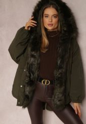 Ciemnozielona Kurtka Parka Oversize z Futerkiem Horelle. Zielone kurtki damskie Renee, na zimę, l, z aplikacjami, z tkaniny, bez kaptura. Za 309.99 zł.