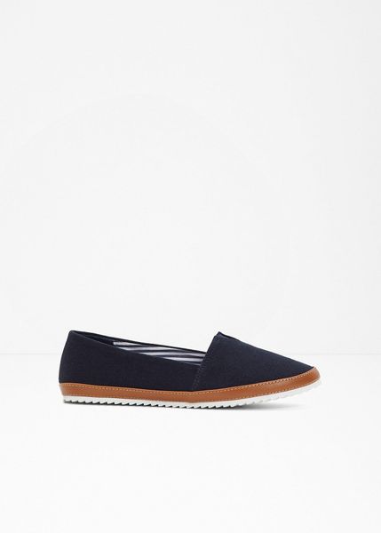 Buty wsuwane z bawełnianego płótna. Niebieskie balerinki damskie bonprix, bez wzorów, z bawełny, bez obcasa, bez zapięcia. Za 69.99 zł.