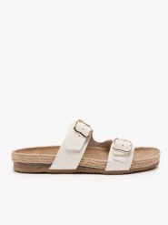 Kremowe klapki z dwoma paskami. Brązowe klapki damskie Ryłko, na lato, bez wzorów, ze skóry, eleganckie, z okrągłym noskiem, bez obcasa, na płaskiej podeszwie, bez zapięcia. Za 379.99 zł.