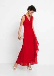Sukienka z szyfonu z marszczeniem. Czerwone sukienki damskie bonprix, bez wzorów, z szyfonu, eleganckie, bez kołnierzyka, bez ramiączek. Za 144.99 zł.