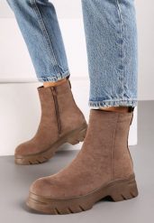 Ciemnobeżowe Casualowe Botki z Ekozamszu na Platformie Naolara. Brązowe botki damskie Renee, bez wzorów, z jeansu, eleganckie, bez obcasa, na platformie, bez zapięcia. Za 129.99 zł.