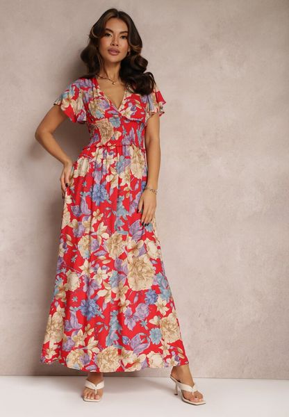 Czerwona Sukienka z Szeroką Gumką w Talii w Kwiaty Shathi. Czerwone sukienki damskie Renee, l, z aplikacjami, z wiskozy, bez kołnierzyka, bez ramiączek, maxi, kopertowe. Za 79.99 zł.