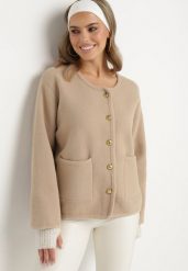 Beżowy Kardigan z Wiskozą na Guziki Fannith. Brązowe kardigany damskie Born2be, m, z aplikacjami, z jeansu, eleganckie, bez kołnierzyka. Za 189.99 zł.