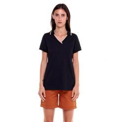 Damska koszulka polo w kolorach ziemi. Czarne bluzki damskie LEONE 1947 APPAREL, l, bez wzorów, z tkaniny, sportowe, bez kołnierzyka, bez ramiączek. Za 124.20 zł.