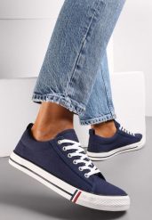 Granatowe Trampki przed Kostkę Sznurowane Islatia. Niebieskie trampki i tenisówki damskie Renee, z aplikacjami, z jeansu, przed kostkę, bez zapięcia. Za 49.99 zł.