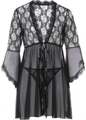 Szlafrok kimono + stringi (kompl. 2-częściowy). Czarne majtki damskie bonprix, bez wzorów, bez ramiączek, bez kaptura. Za 127.99 zł.