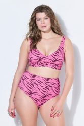Damskie Bikini dwuczęściowe kolorowy wzór w zebrę drapowanie na biuście. Czerwone stroje kąpielowe damskie Ulla Popken, plus size, bez wzorów, z elastanu. Za 139.99 zł.