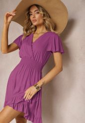 Fioletowa Sukienka z Bawełny z Gumką w Pasie z Dekoltem w Serek i Falbankami Quola. Fioletowe sukienki damskie Renee, na imprezę, l, bez wzorów, z bawełny, eleganckie, bez kołnierzyka, bez ramiączek, mini. Za 39.99 zł.