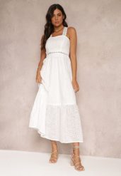 Biała Haftowana Sukienka Maxi z Koronką Norgann. Białe sukienki damskie Renee, m, z aplikacjami, z koronki, bez kołnierzyka, bez ramiączek, maxi. Za 139.99 zł.