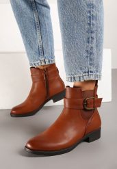 Jasnobrązowe Eleganckie Botki Sztyblety z Klamrą Edelith. Brązowe botki damskie Born2be, bez wzorów, biznesowe, bez obcasa, na obcasie, bez zapięcia. Za 59.99 zł.
