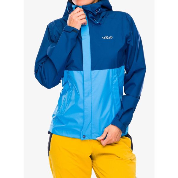 Kurtka przeciwdeszczowa damska Rab Downpour Eco Jacket. Niebieskie kurtki sportowe damskie RAB, bez wzorów, bez ramiączek, bez kaptura, trekkingowe. Za 455.99 zł.