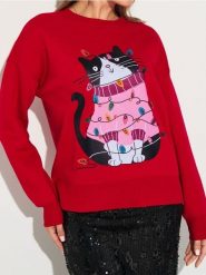 Bluza crewneck z motywem świątecznym - czerwony. Czerwone bluzy damskie Sinsay, l, bez wzorów, wizytowe, bez ramiączek, bez kaptura. W wyprzedaży za 24.99 zł.