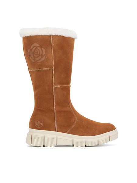 Rieker Kozaki X3455-24 Brązowy. Brązowe kozaki damskie Rieker, bez wzorów, z materiału, bez obcasa, na płaskiej podeszwie, bez zapięcia. Za 272.99 zł.
